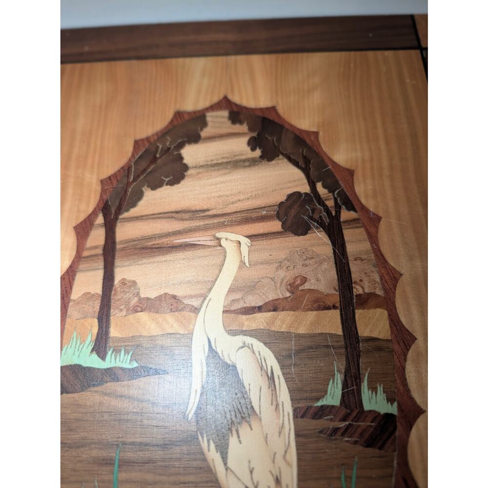 Vintage Rare Inlay Wood Blue Crane Wall Decor Different Woods Design - Picture 3 of 7
